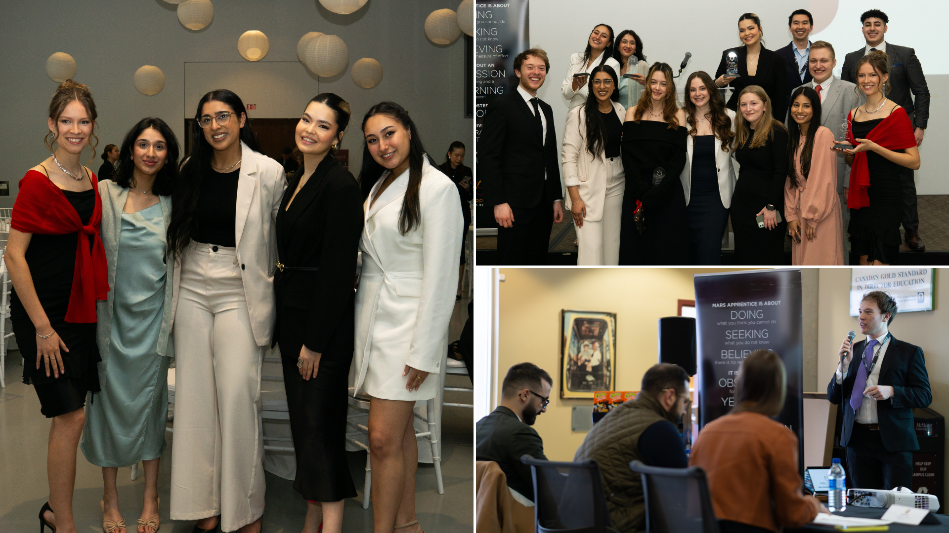 Student presentation to judges, female student group photo, and large student group photo holding up trophies (collage).
