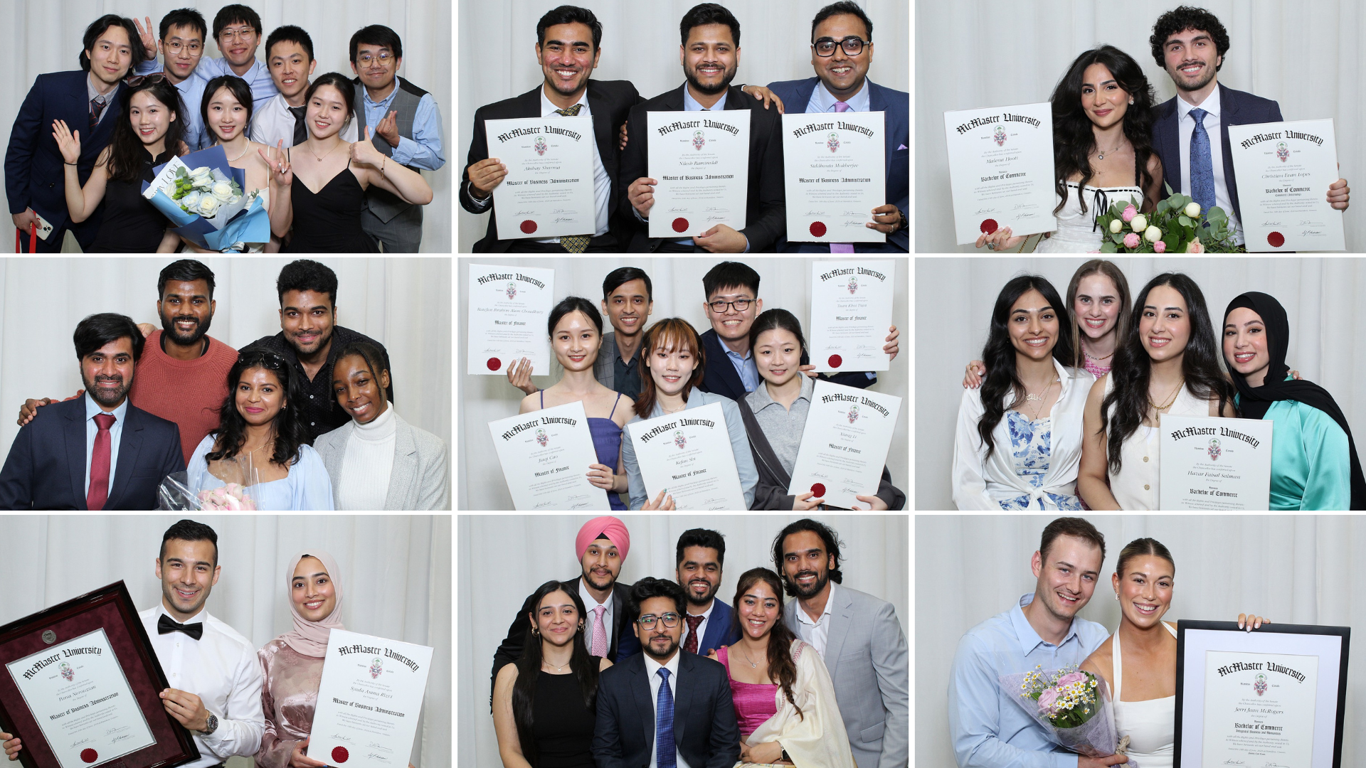 A collage photo shows small groups of smiling graduates holding their diplomas and some have congratulatory flowers.