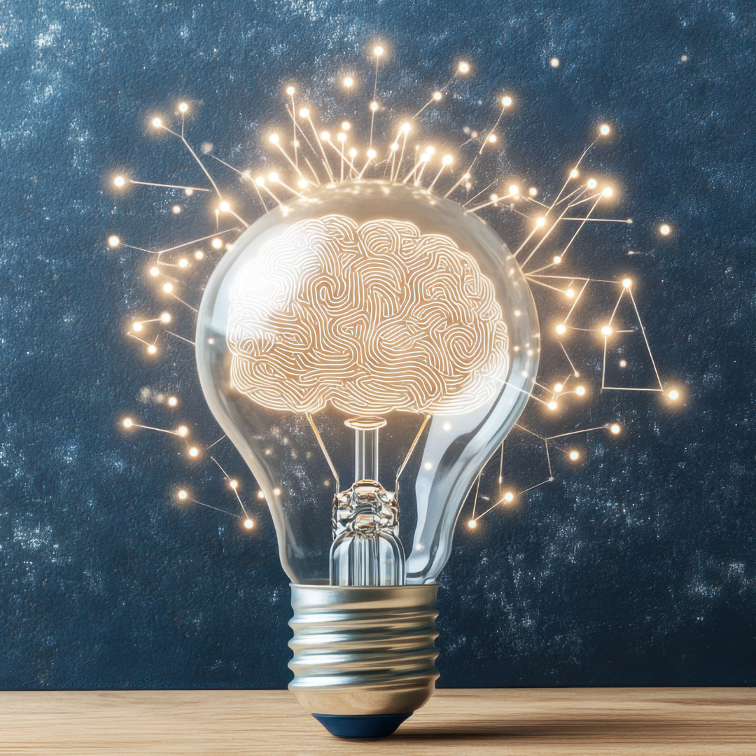 Lightbulb with a glowing brain pattern inside and connected nodes radiating outward.