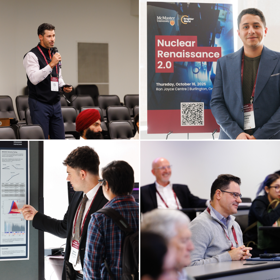 Scenes from a conference with presentations and posters.