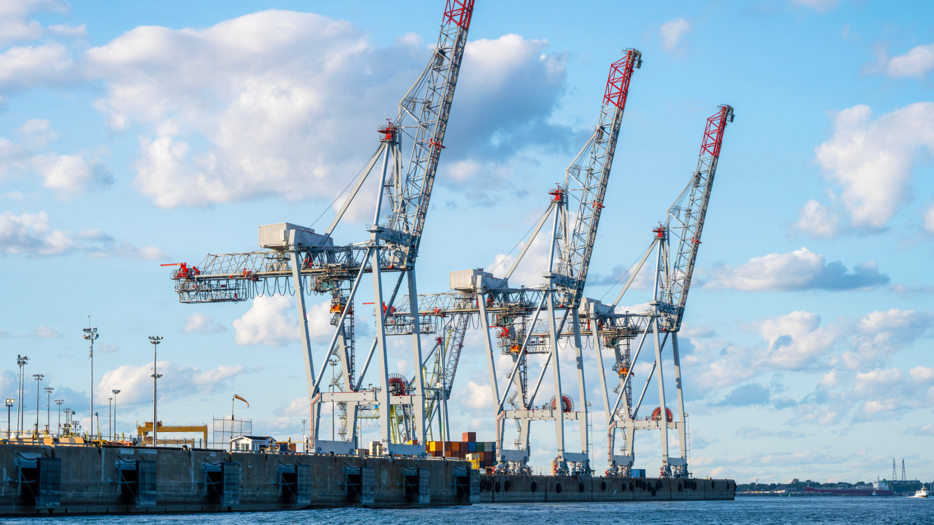 Large cranes at a port beside the water.