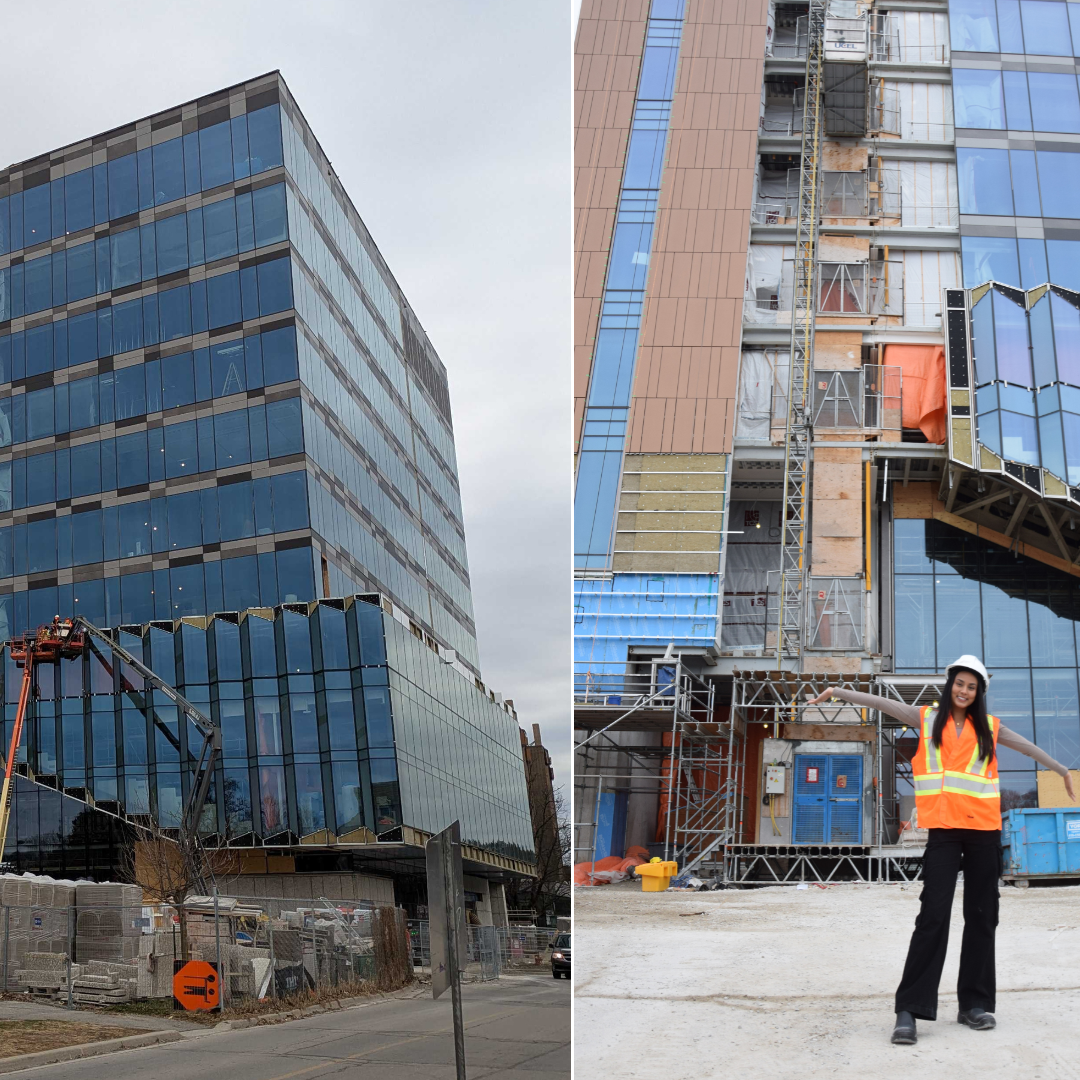 McLean Centre for Collaborative Discovery under construction, with the DCS president in an orange safety vest standing in front of the building.